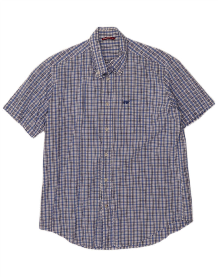 Carrera Camisa de manga corta para hombre de algodón a cuadros azules grandes