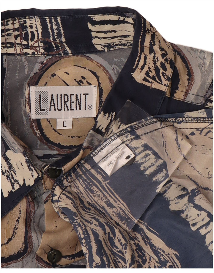 LAURENT Camisa de manga corta para hombre Large Seda geométrica azul marino