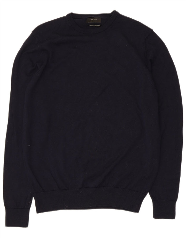 Zara Hombre Jersey De Cuello Redondo De Lana Azul Marino Mediano