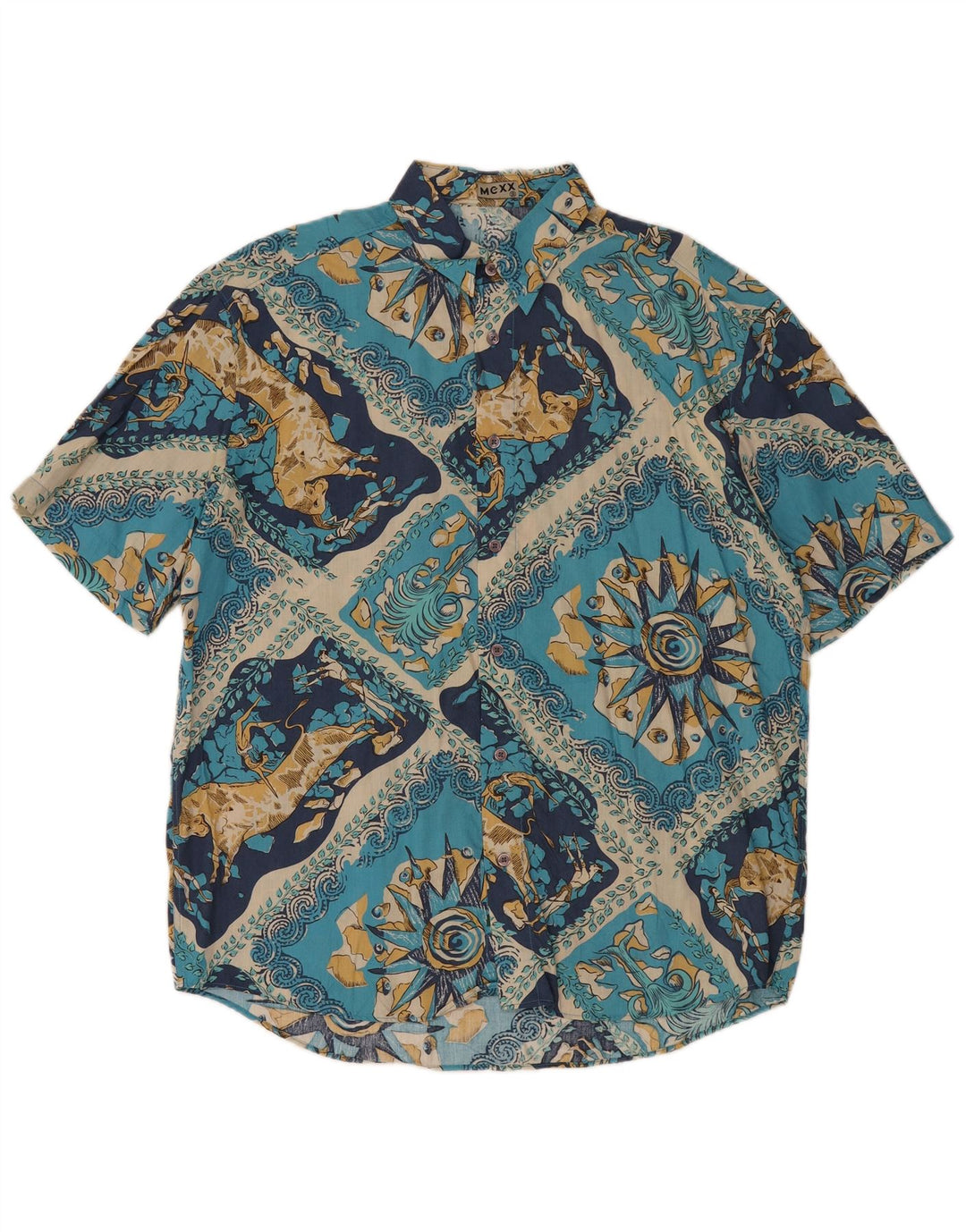Mexx Camisa holgada de manga corta para hombre Rayón azul pequeño de patchwork
