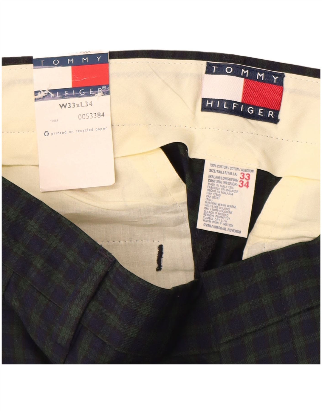 Tommy Hilfiger Pantalones casuales pegados para hombre W33 L30 Algodón a cuadros azul marino