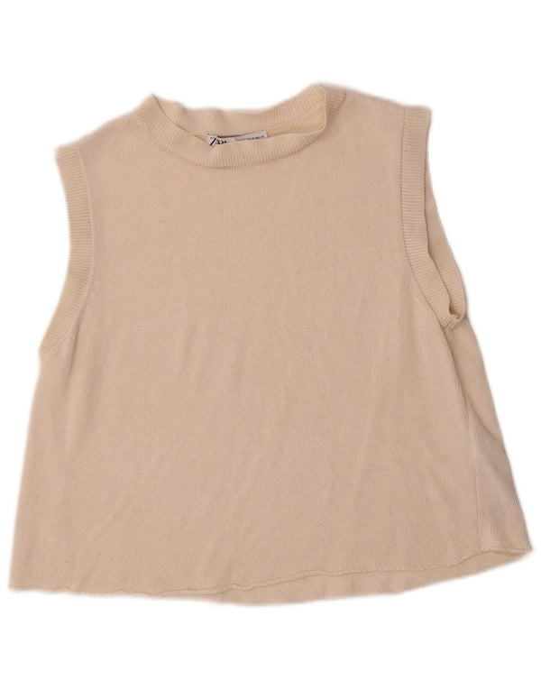 Zara Mujer Chaleco Tank Top UK 10 Small Beige Acrílico