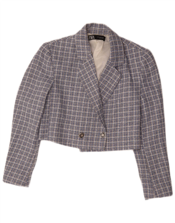 Zara Chaqueta tipo blazer corta con doble botonadura para mujer UK 44 Medium Blue Check