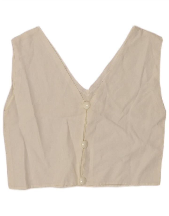 VINTAGE Mujer Crop Sin Mangas Camisa Blusa Reino Unido 12 Medio Blanco