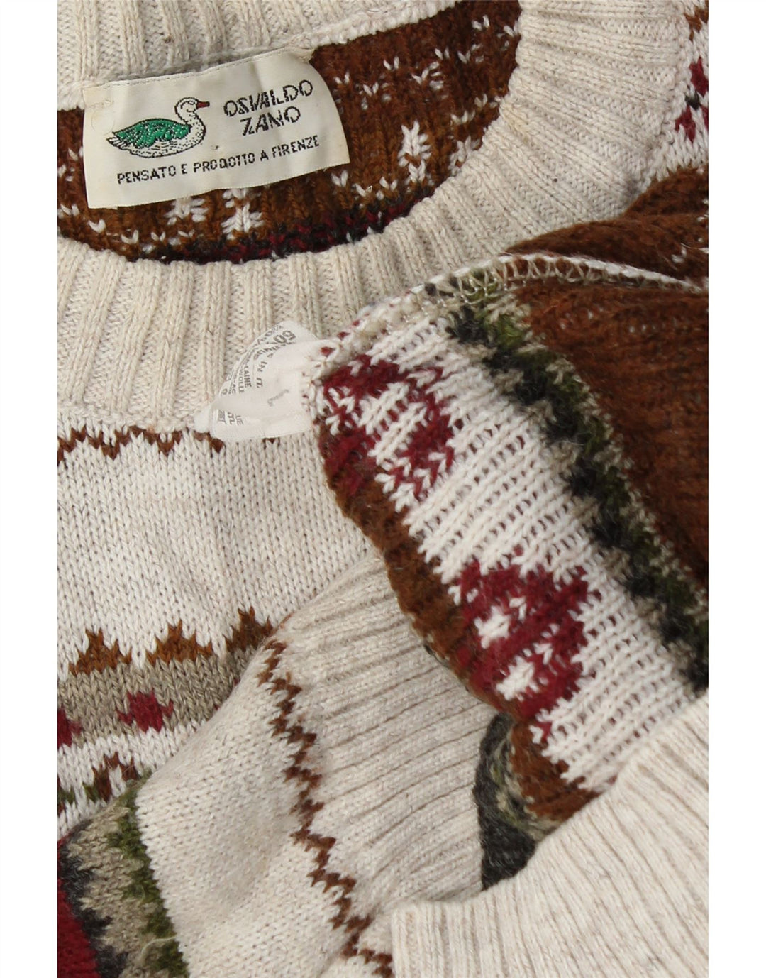 Vintage hombres cuello redondo jersey suéter grande de lana geométrica blanca