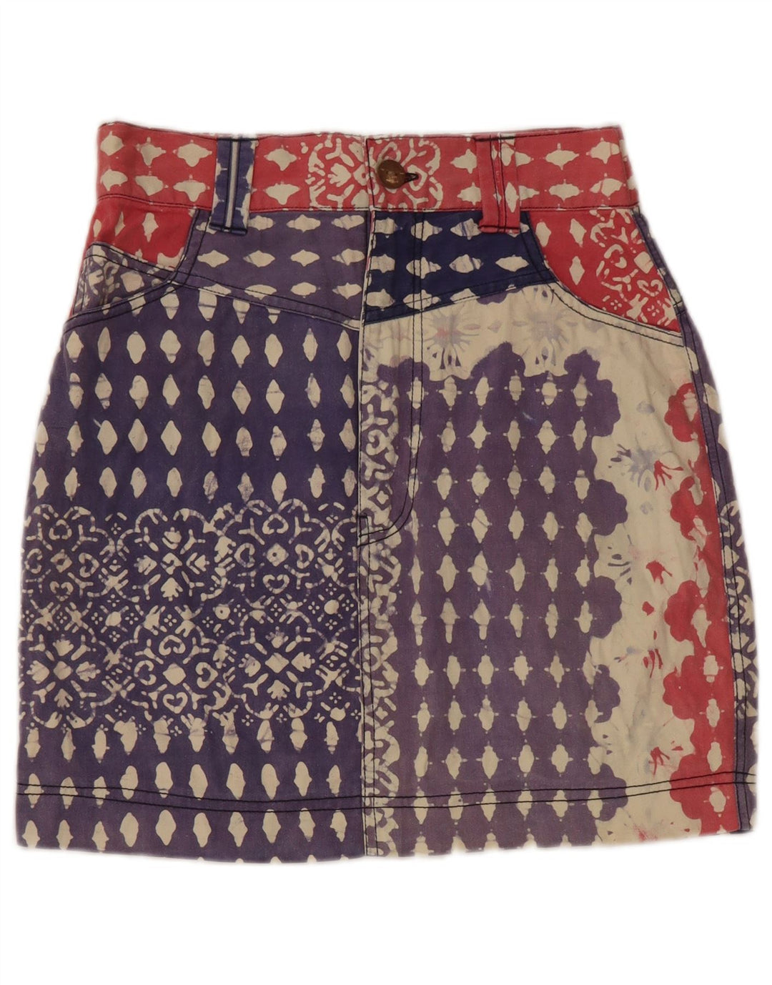 Vintage mujeres patrón abstracto denim lápiz falda grande W28 algodón azul