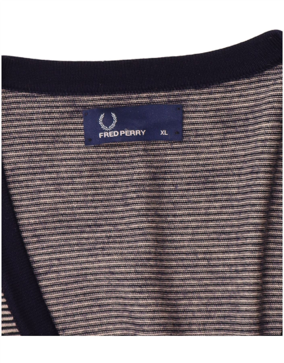 FRED PERRY Suéter tipo cárdigan para hombre XL Lana merino a rayas azul marino