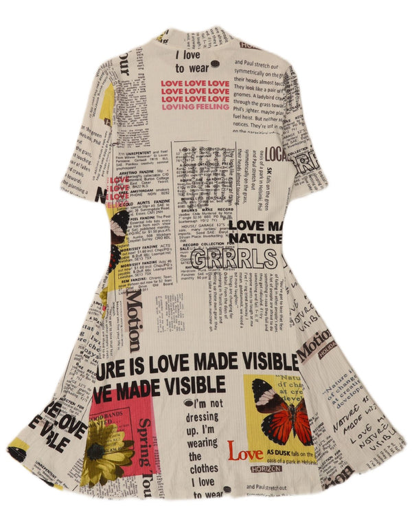 Desigual Vestido acampanado con gráfico de periódico para mujer UK 40 Viscosa blanca mediana