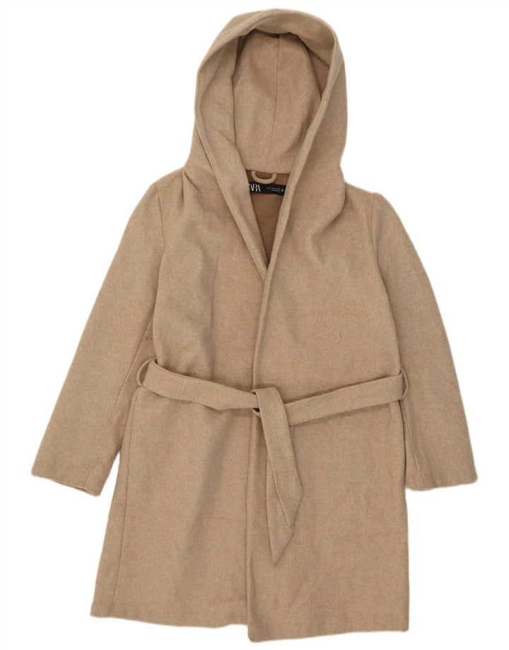 Zara Mujer Abrigo Con Capucha UK 44 Poliéster Beige Medio