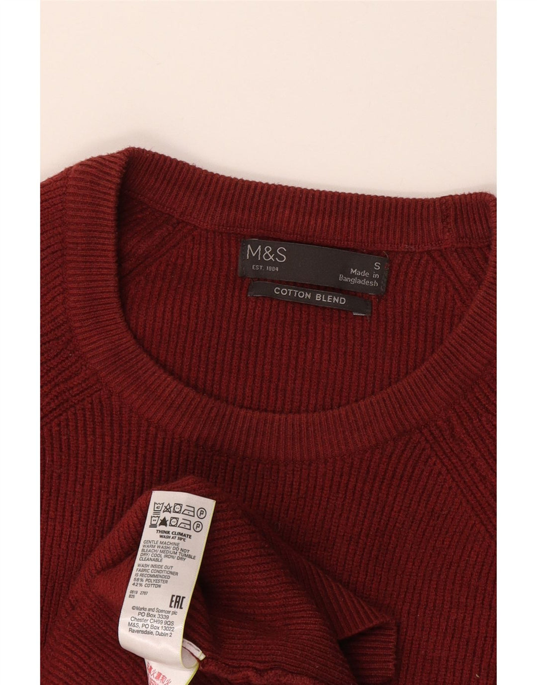 Marks & Spencer - Jersey de cuello redondo para hombre, talla pequeña, poliéster burdeos