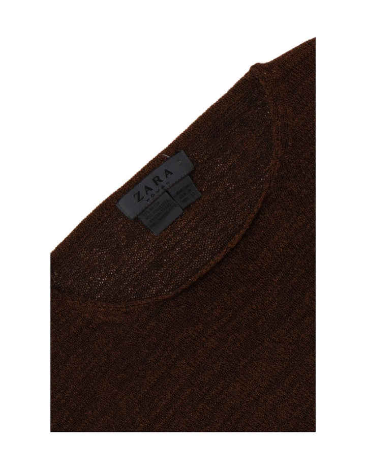 Zara Mujer Top De Punto Manga Larga UK 42 Rayón Moteado Marrón Medio