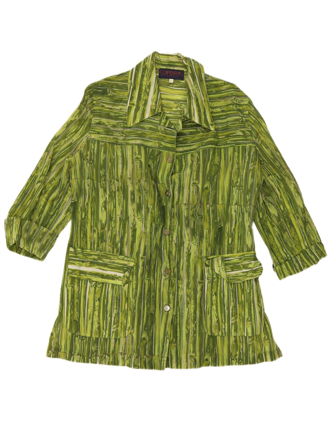 VINTAGE Blusa camisa de manga 3/4 para mujer Reino Unido 14 Viscosa a rayas verde medio