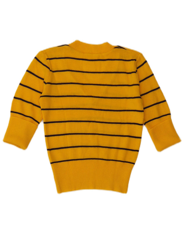 Vintage mujer cultivo 1/2 manga V-cuello jersey suéter Reino Unido 4 XS amarillo rayas