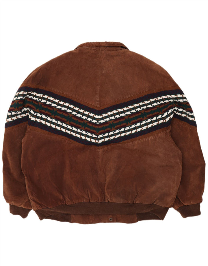 Vintage hombres Sherpa chaqueta suelta ajuste Reino Unido 44 2XL marrón cuero geométrico