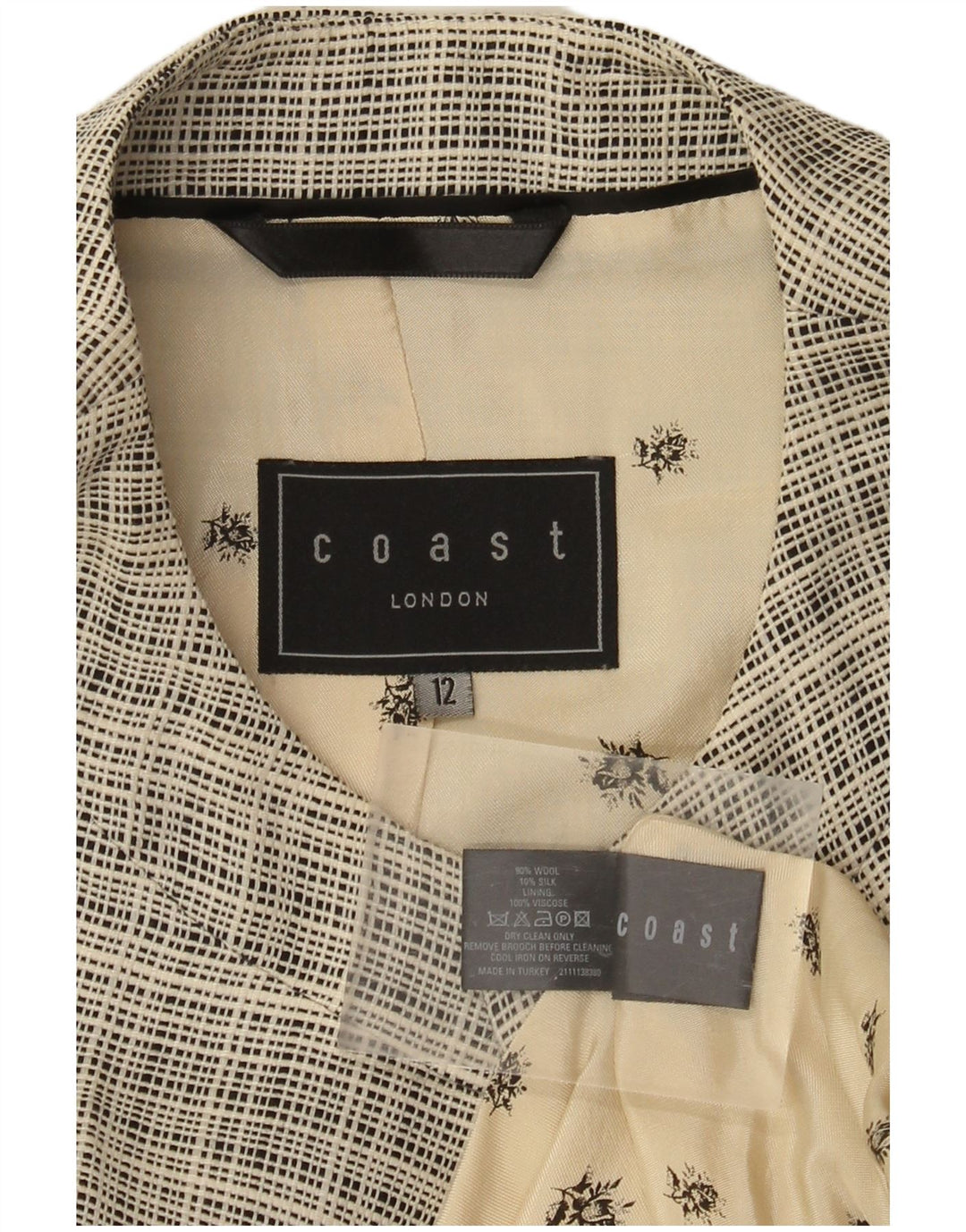 COAST Chaqueta Bolero de Manga 3/4 para Mujer UK 12 Lana a Cuadros Beige Mediana