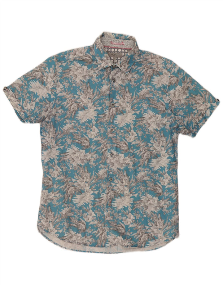 Ted Baker Camisa de manga corta para hombre Talla 3 Algodón floral azul medio