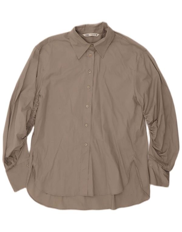 Zara Mujer Camisa Extragrande UK 10 Small Gris Algodón