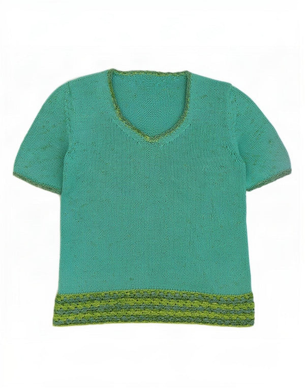 Vintage mujer V-cuello jumper suéter Reino Unido 14 bloque de color verde medio