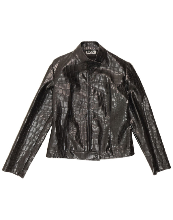 Vintage mujer piel sintética bomber chaqueta Reino Unido 10 pequeño negro animal print