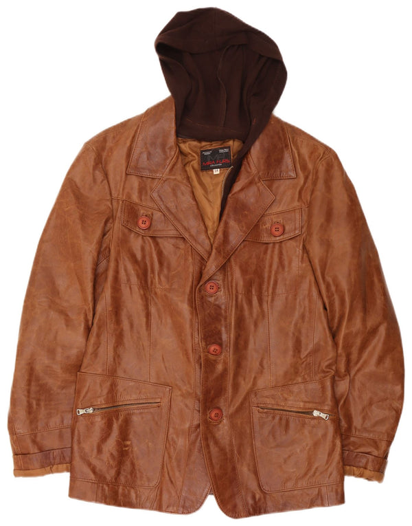 Mira Furs Chaqueta de cuero con capucha para hombre UK 40 Large Brown