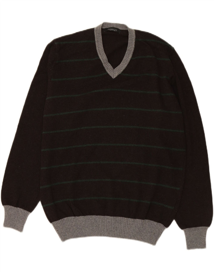 ZARA Mens V-Neck Jumper Sweater XL Grey Striped Wool Vintage Zara and Second-Hand Zara from Messina Hembry 