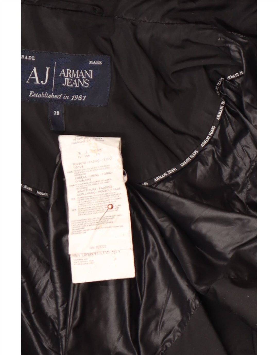 ARMANI JEANS Abrigo acolchado extragrande con capucha para mujer IT 38 XS Poliéster negro