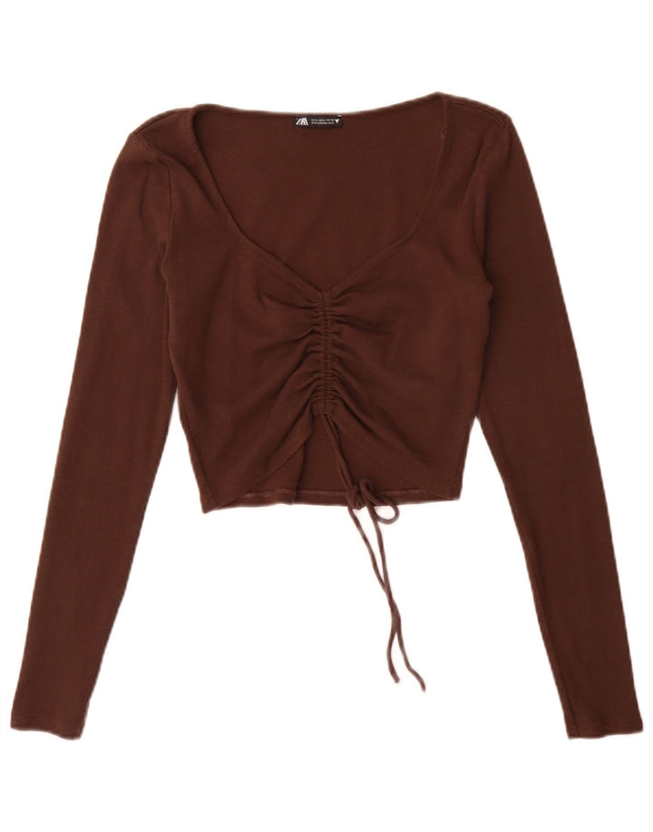 Zara Top corto de manga larga para mujer UK 44 Grande Marrón