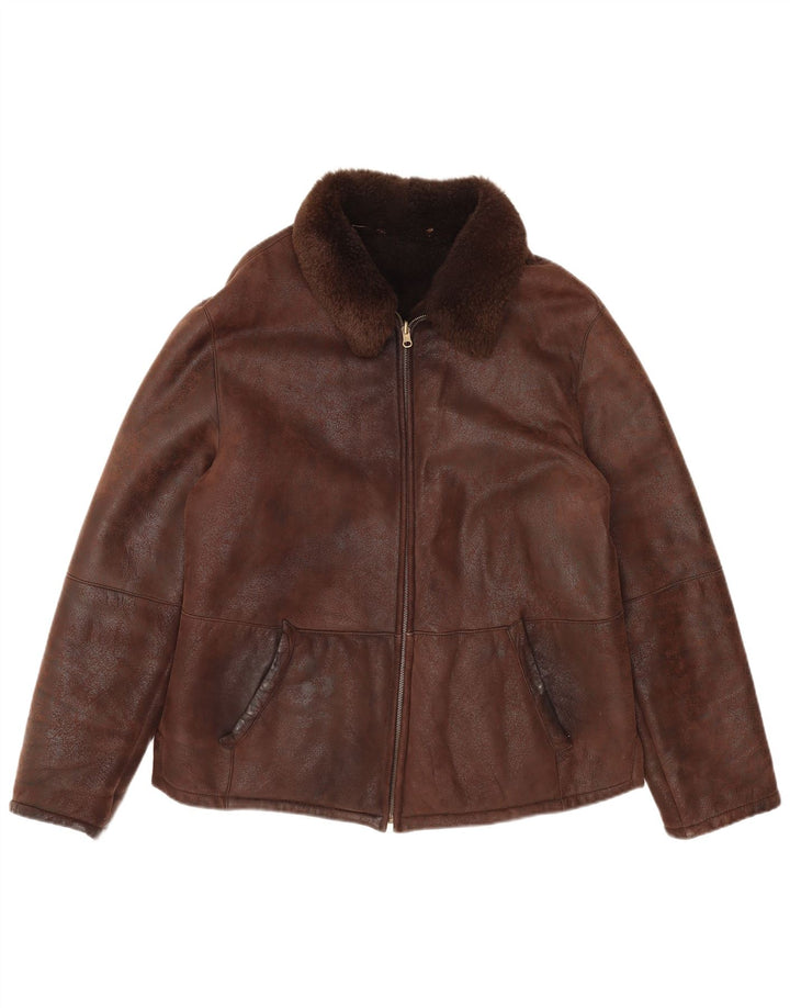 VINTAGE Chaqueta de piel de oveja para hombre IT 50 Cuero marrón grande