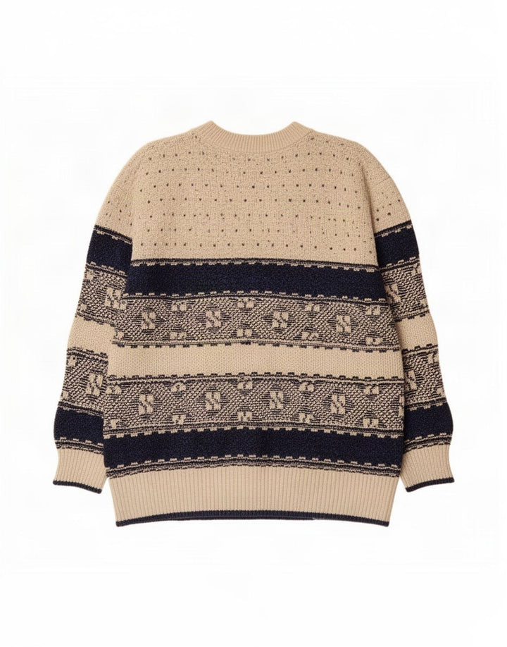 Vintage hombres cuello redondo jersey suéter grande beige geométrico