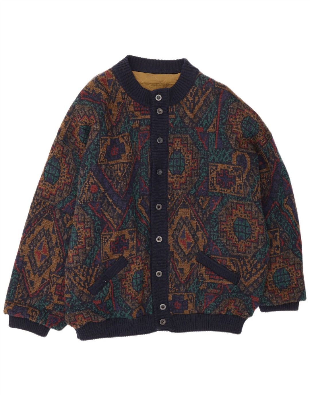 Vintage hombres punto bomber chaqueta IT 54 2XL lana geométrica multicolor