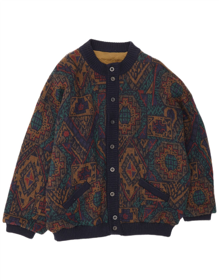 Vintage hombres punto bomber chaqueta IT 54 2XL lana geométrica multicolor
