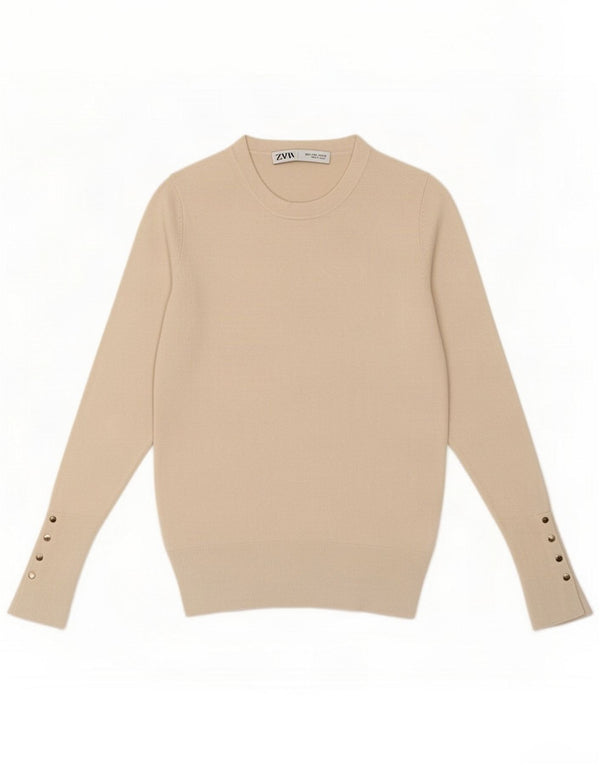 Zara Jersey de cuello redondo para mujer UK 40 Small Beige Viscosa