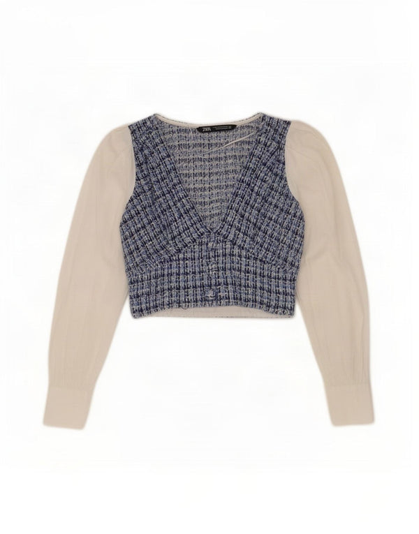 Zara Womens Crop Long Sleeve Blouse Top UK 4 XS Blue Check Cotton