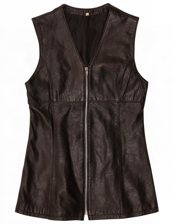 Vintage mujer cuero Gilet Reino Unido 12 Medio Negro