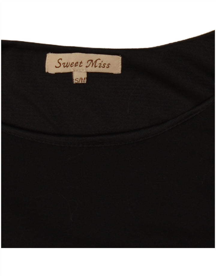 Vintage mujer 3/4 manga vestido básico Reino Unido 10 pequeña lana geométrica negra