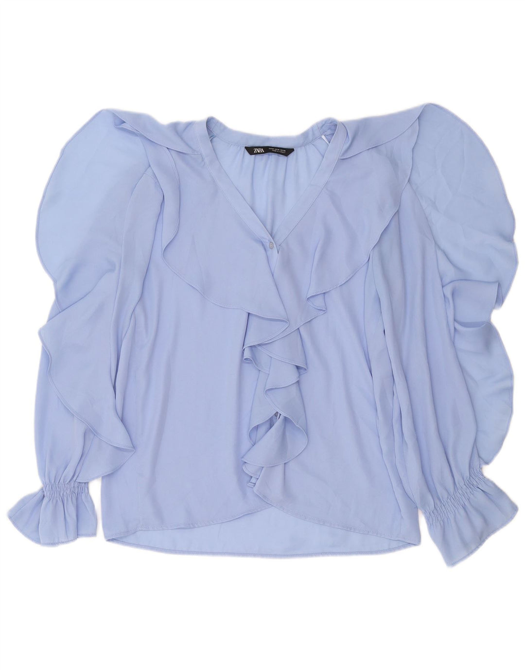 ZARA Mujer Blusa Camisera Con Volantes Delanteros UK 44 Azul Medio