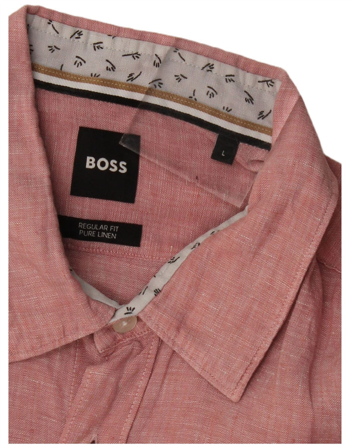 HUGO BOSS Camisa de corte regular para hombre de lino moteado rosa grande