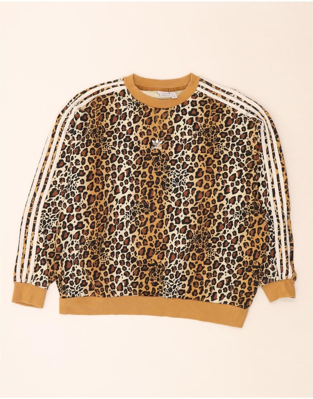 ADIDAS Sudadera extragrande para mujer, talla 8, talla pequeña, color beige, estampado animal