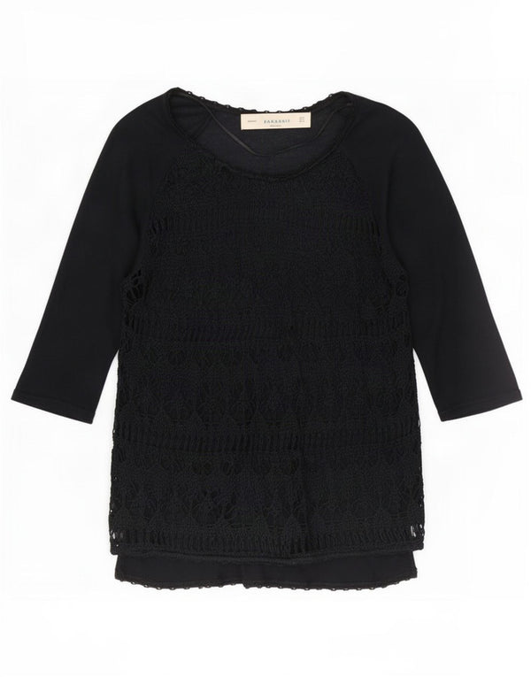 Zara Mujer Top Transparente Manga 3/4 UK 42 Mediano Negro