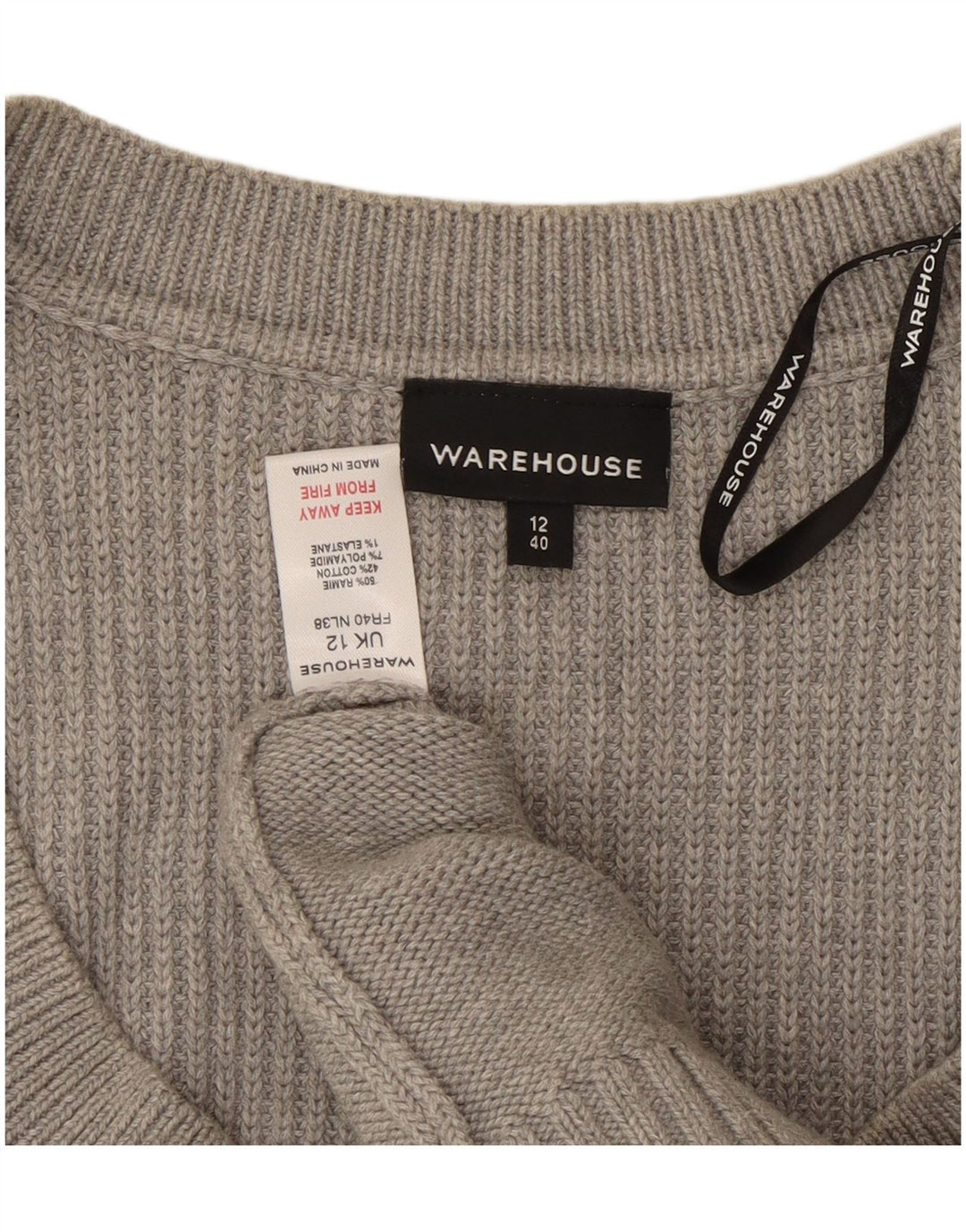 WAREHOUSE Suéter tipo jersey con cuello barco y manga 3/4 para mujer UK 40 Gris medio