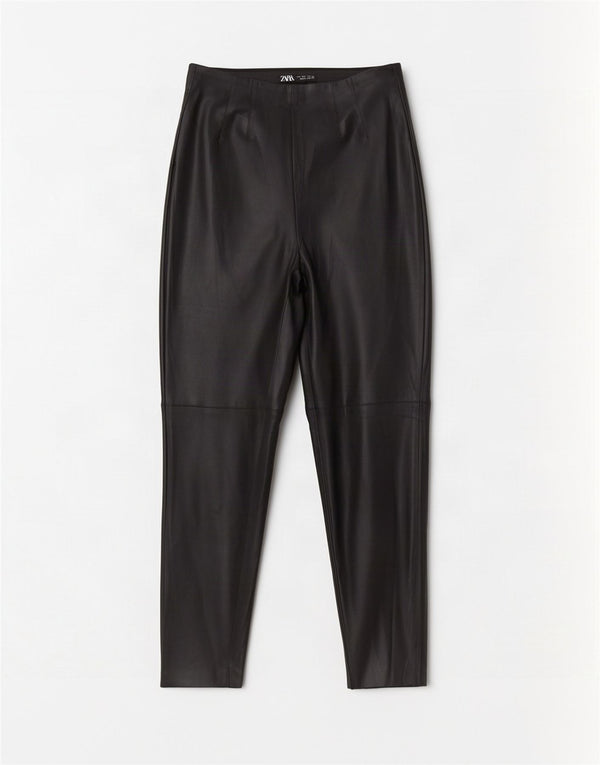 Zara Mujer Pantalones Slim De Piel Sintética Grande W30 L27 Poliuretano Negro