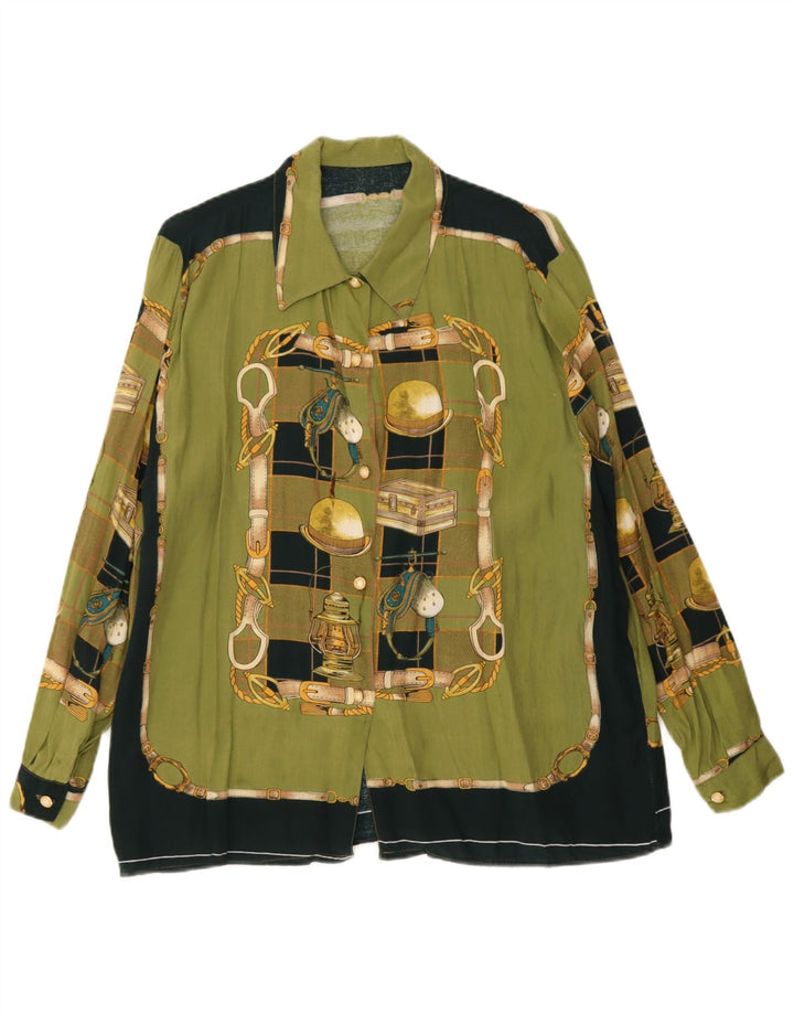 Vintage mujer patrón abstracto camisa Reino Unido 18 XL verde