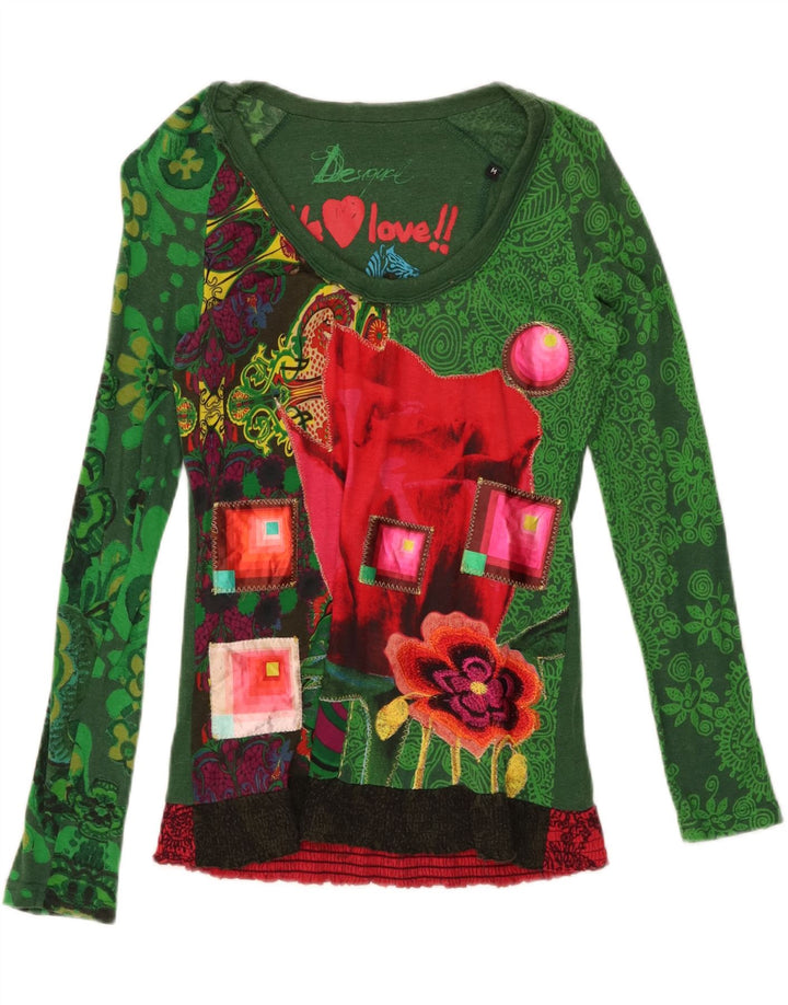 Desigual Mujer Gráfico Top Manga Larga UK 14 Algodón Verde Medio