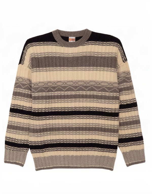 Vintage hombres cuello redondo jersey suéter grande gris rayas