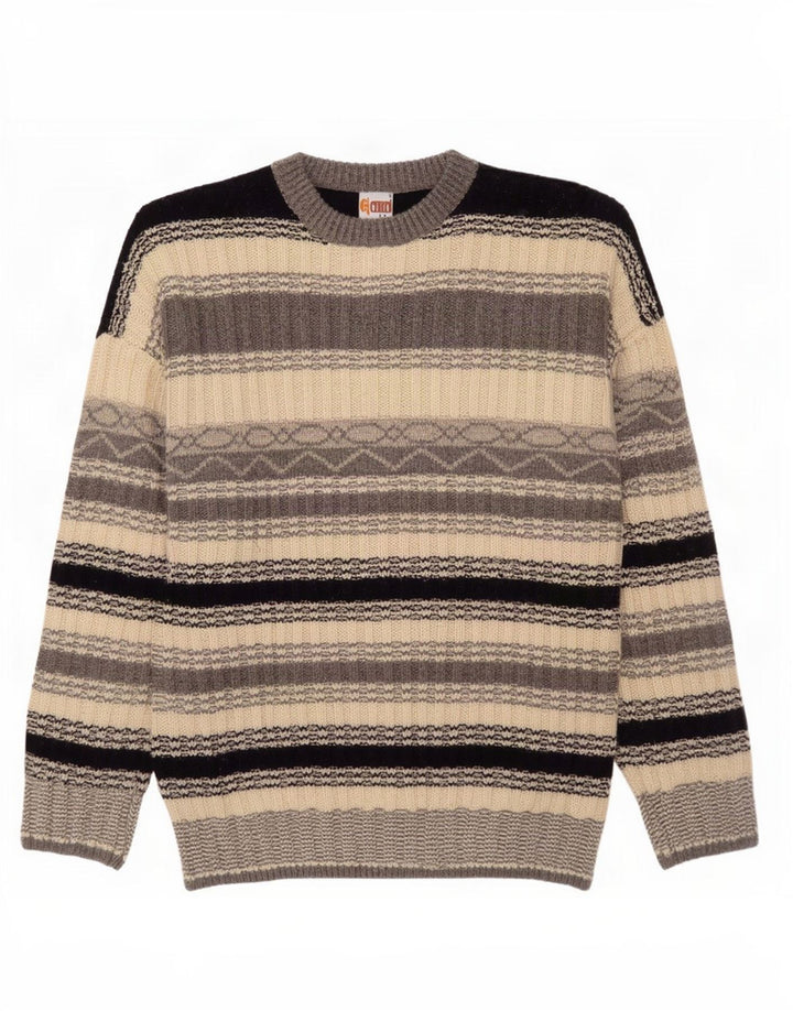 Vintage hombres cuello redondo jersey suéter grande gris rayas