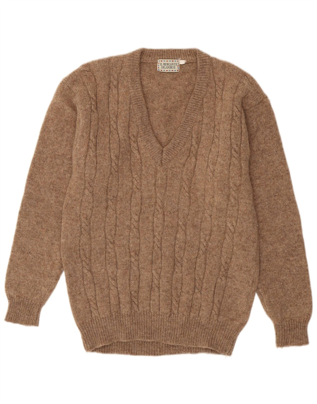 Vintage hombres V-cuello jumper suéter marrón medio