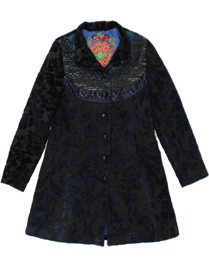 DESIGUAL Womens Graphic Overcoat EU 42 Large Navy Blue Paisley Polyester Vintage Desigual and Second-Hand Desigual from Messina Hembry 