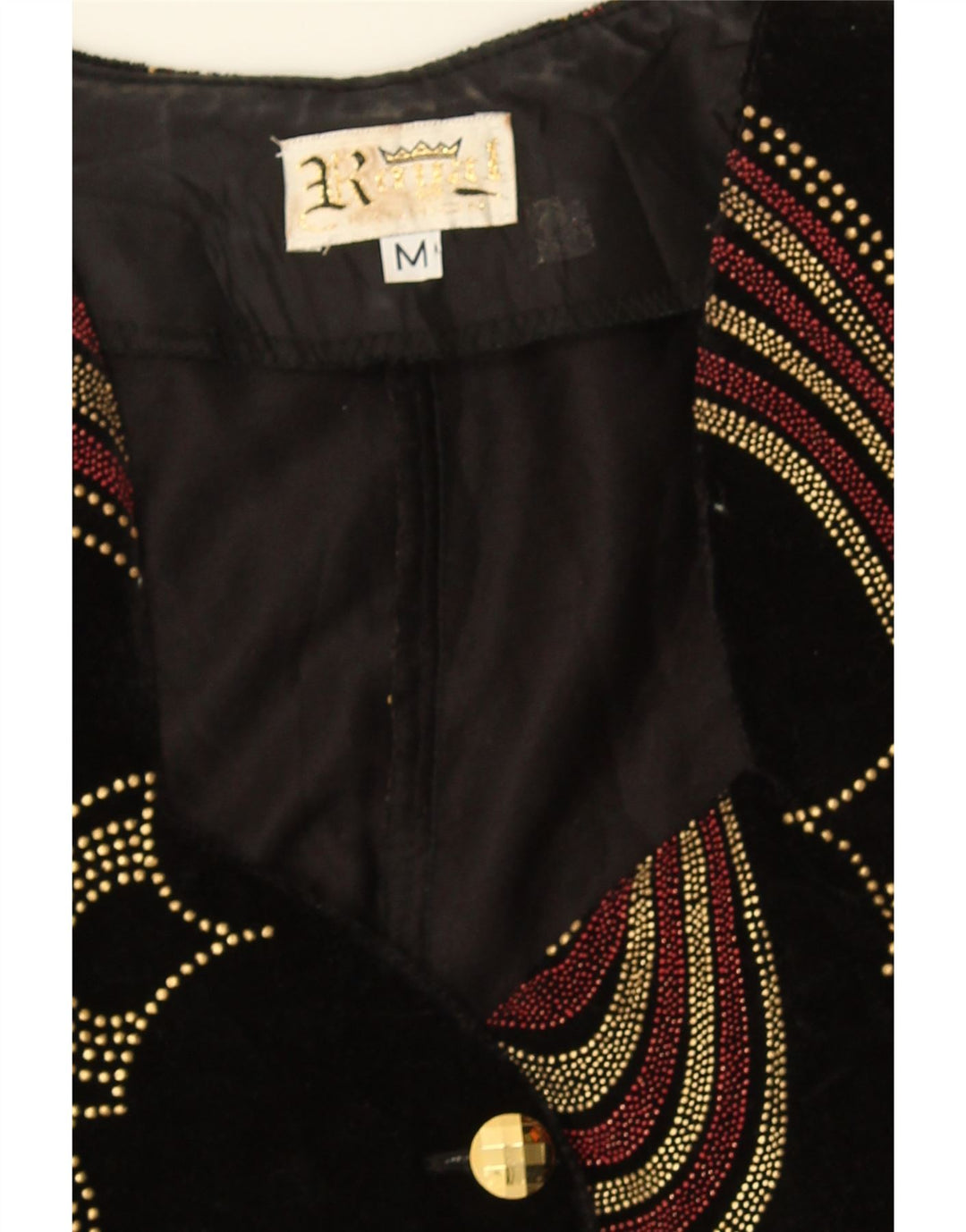Vintage mujeres terciopelo patrón abstracto cardigan top Reino Unido 12 medio negro