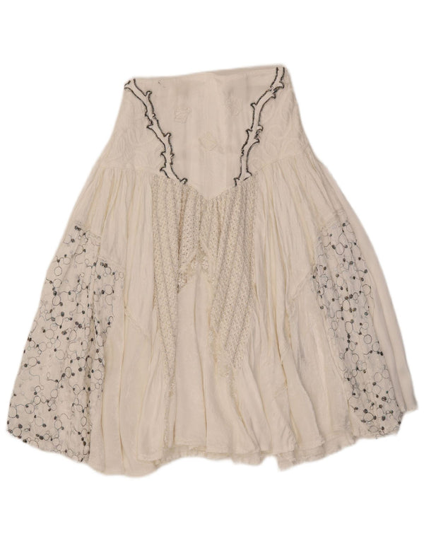 Vintage mujer falda acampanada W27 pequeña viscosa floral blanca