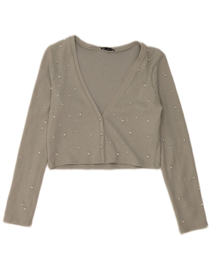 Zara Mujer Crop Cardigan Top UK 44 Grande Poliéster Gris